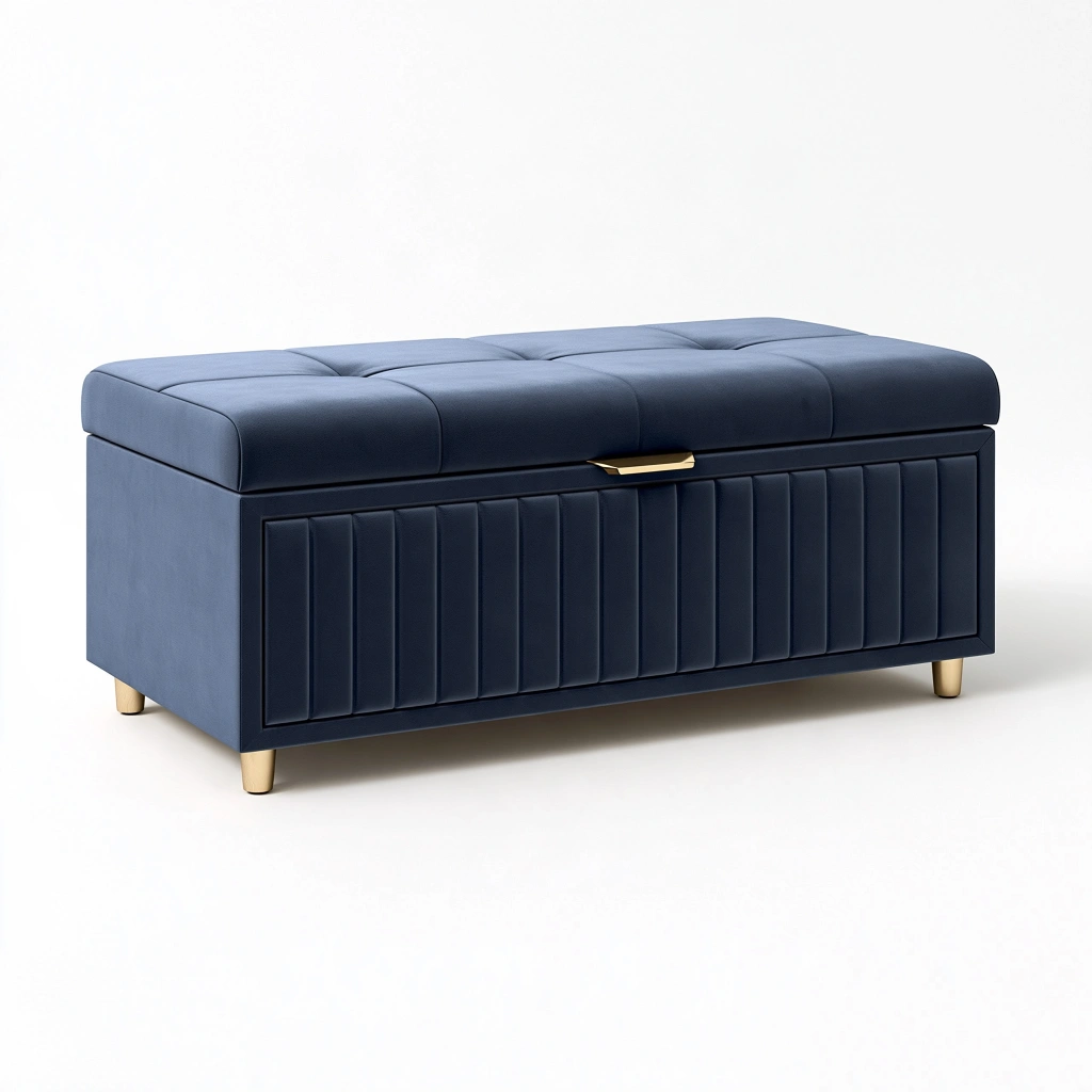 Banc coffre 120 x 45 x 48 cm en tissu bleu nuit capitonné style contemporain