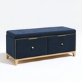 Banc de rangement 120 x 45 x 52 cm en tissu bleu avec assise capitonnée et 2 portes