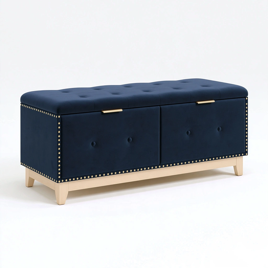 Banc coffre de rangement 120 x 45 x 50 cm en velours bleu marine style capitonné