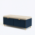 Banc coffre de rangement 100 x 40 x 45 cm bleu marine beige et doré - assise capitonnée avec portes