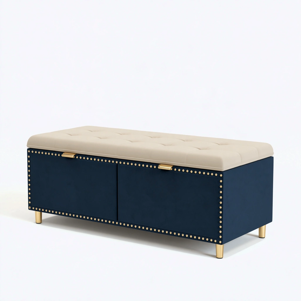 Banc coffre de rangement 100 x 40 x 45 cm bleu marine beige et doré - assise capitonnée avec portes