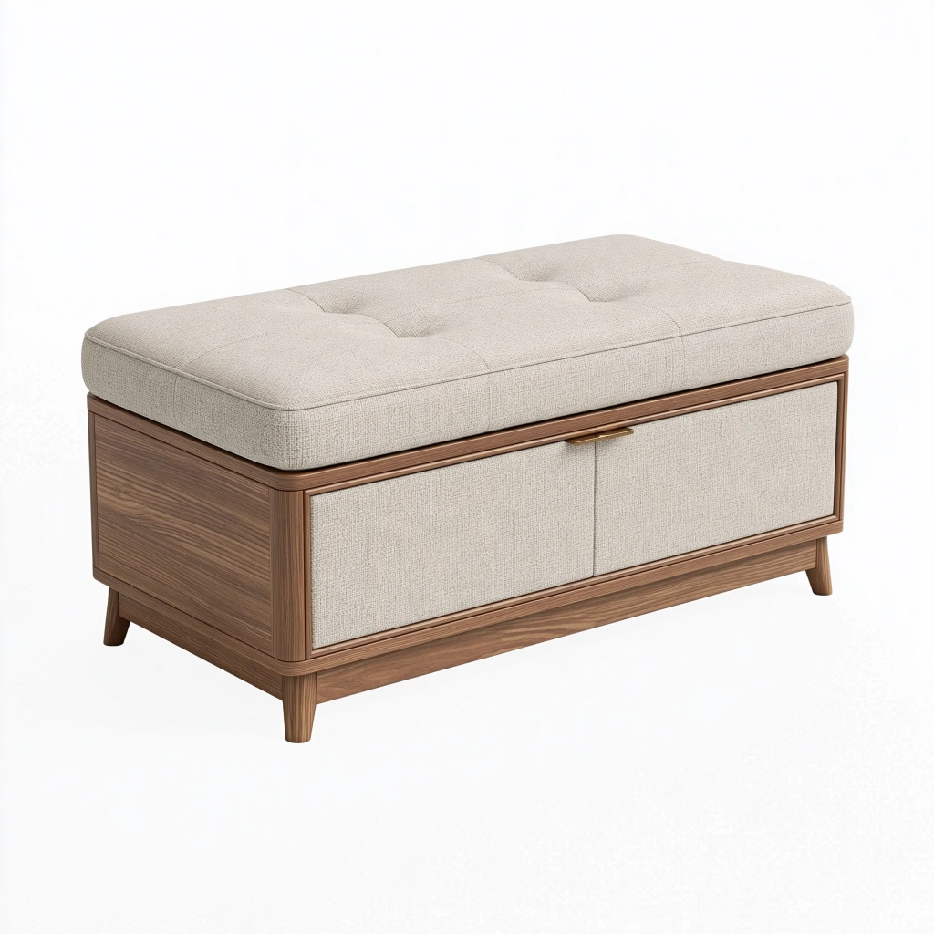 Banc de rangement 100 x 45 x 48 cm en bois brun et tissu beige avec assise capitonnée