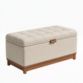 Coffre de rangement 110 x 45 x 48 cm en tissu beige et bois marron - couvercle capitonné