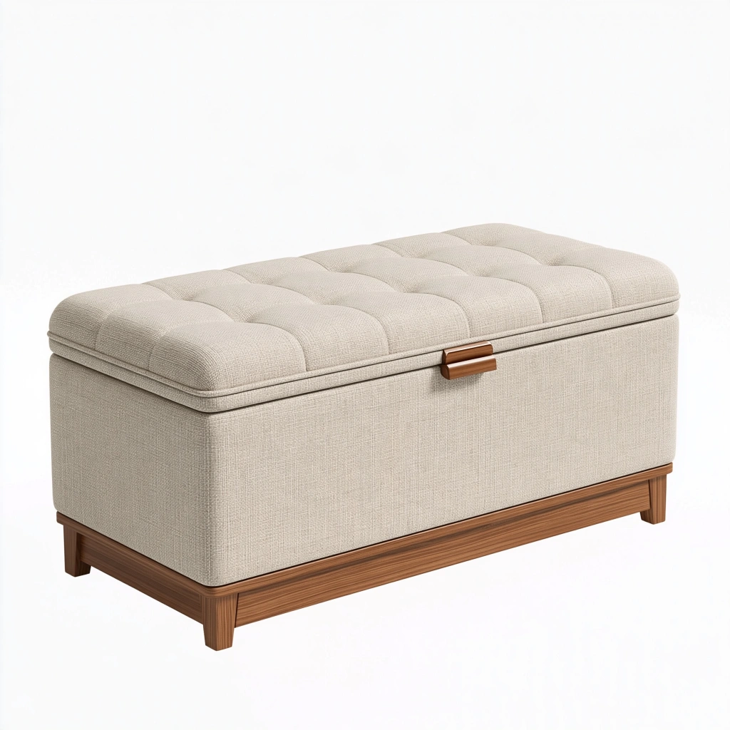 Coffre de rangement 110 x 45 x 48 cm en tissu beige et bois marron - couvercle capitonné