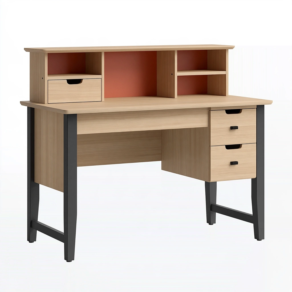 Bureau 120 x 60 x 120 cm en panneaux de bois chêne clair terracotta et noir avec rangement