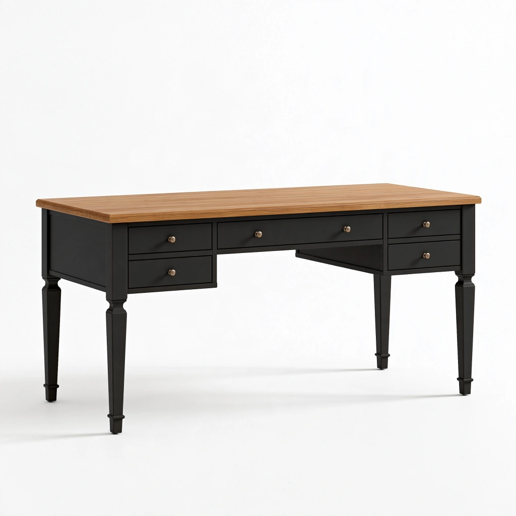 Bureau 160 x 70 x 76 cm en bois marron et noir avec 5 tiroirs style classique