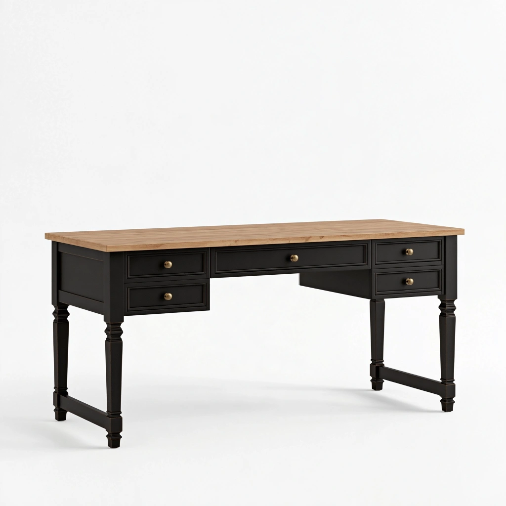 Bureau 140 x 60 x 76 cm en bois noir et naturel avec cinq tiroirs style classique