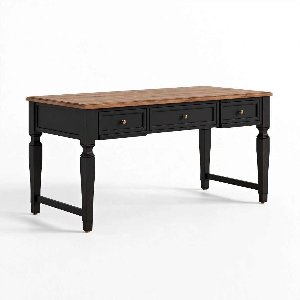 Bureau 150 x 60 x 76 cm en bois noir et brun à 3 tiroirs style classique