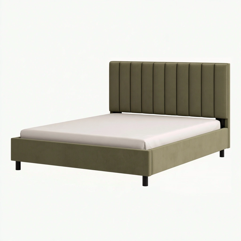 Lit double 160 x 200 cm en tissu vert kaki avec tête de lit capitonnée