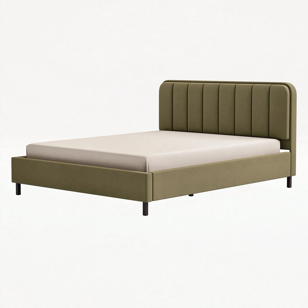 Lit double 160 x 200 cm en tissu vert olive avec tête de lit capitonnée