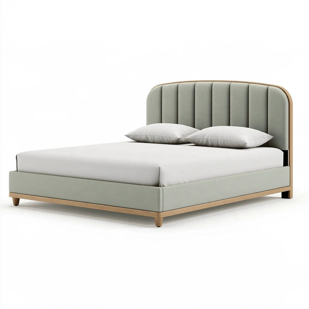 Lit double 160 x 200 cm tissu vert sauge et bois style contemporain