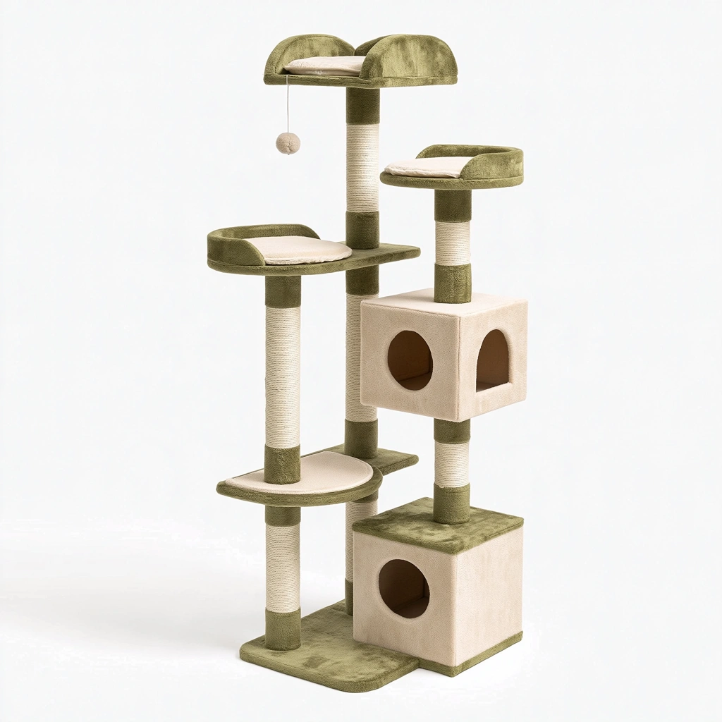 Arbre à chat 60 x 50 x 170 cm en sisal et peluche vert beige avec niches et plateformes