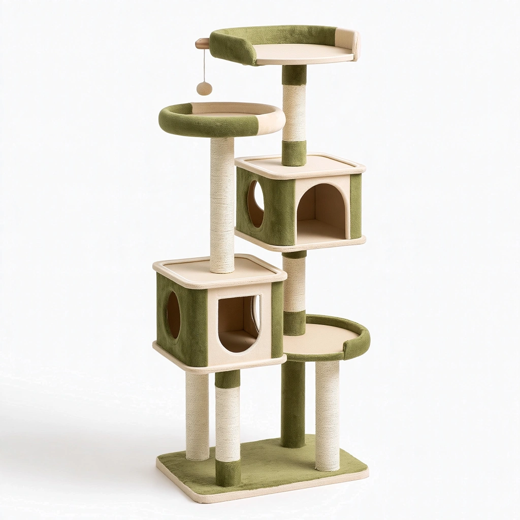 Arbre à chat 60 x 50 x 150 cm en sisal et tissu vert beige avec niches plateformes et jouet suspendu