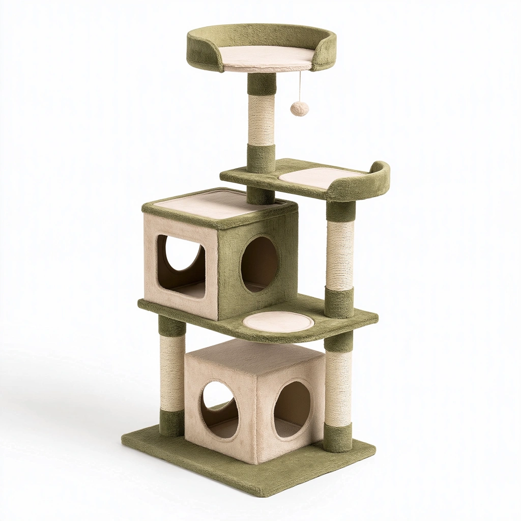 Arbre à chat 50 x 50 x 150 cm en peluche vert et beige avec poteaux en sisal - plateformes et niches