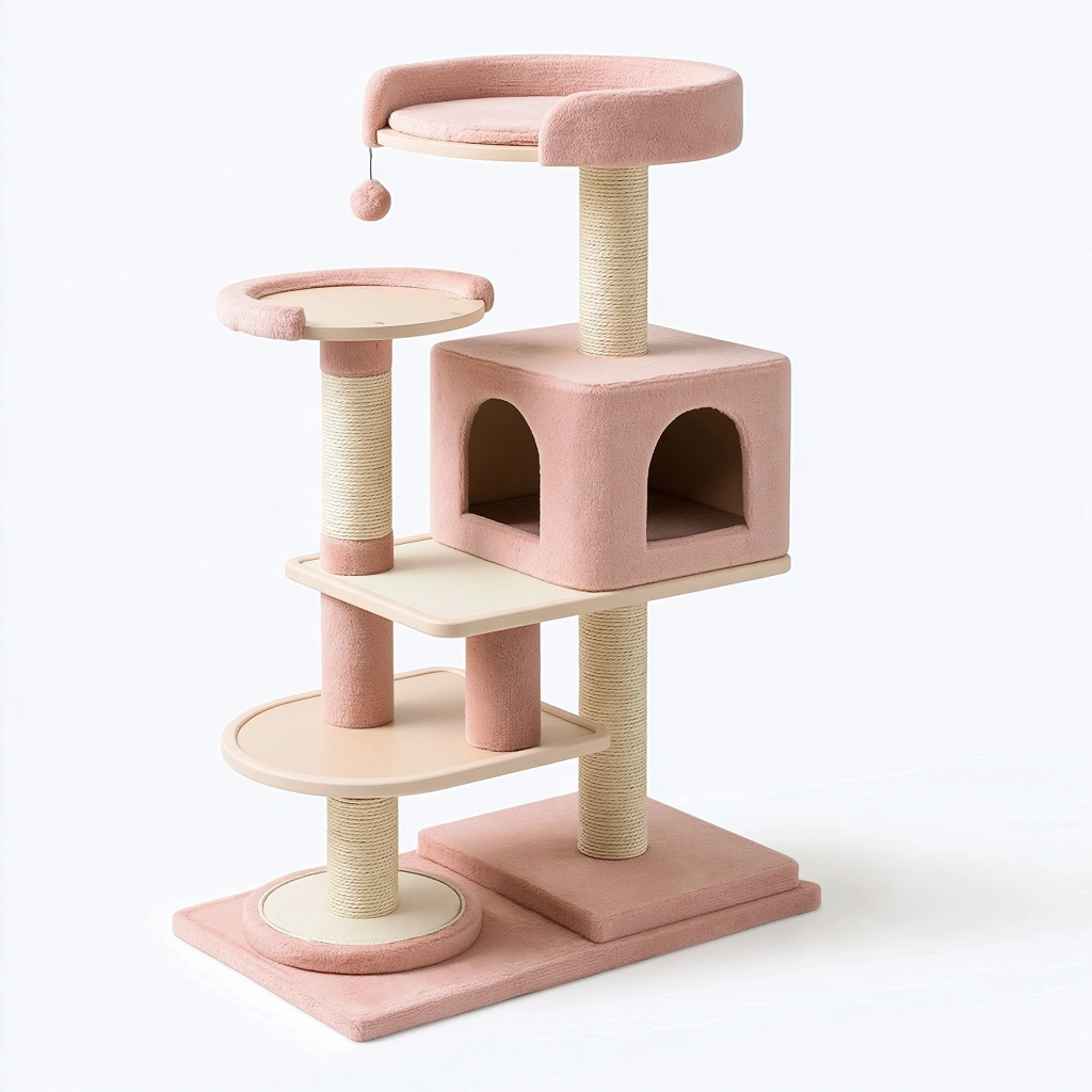 Arbre à chat 60 x 50 x 140 cm rose en tissu avec griffoirs en sisal et niches