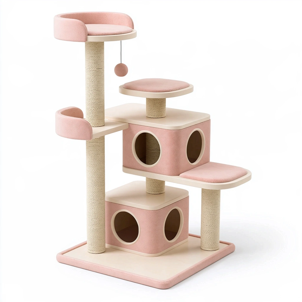 Arbre à chat 60 x 50 x 145 cm en sisal et tissu rose avec niches et plateformes