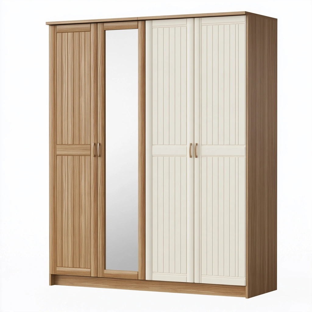 Armoire de rangement 180 x 60 x 200 cm en panneaux de bois chêne et blanc avec portes battantes miroir