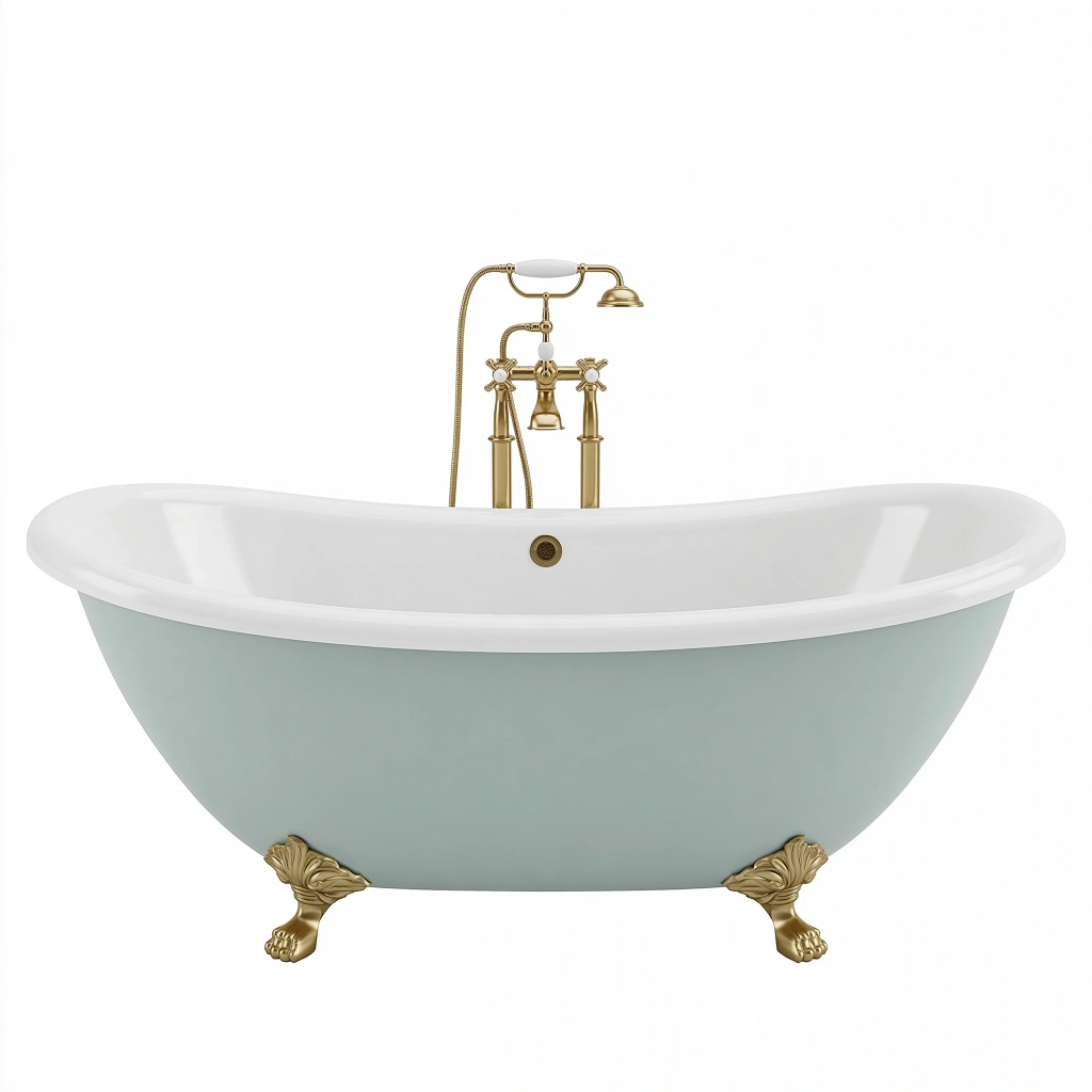 Baignoire îlot 170 cm en acrylique vert pâle et blanc style classique avec pieds dorés