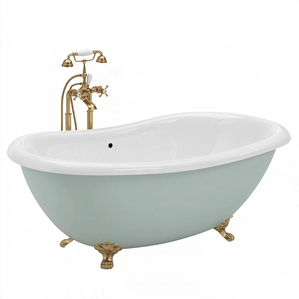Baignoire îlot 170 x 75 cm en acrylique bleu pâle et blanc style rétro sur pieds
